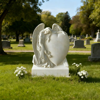 Marble angel memorial headstone statue with heart, hand-carved gravestone monument for Cemetery