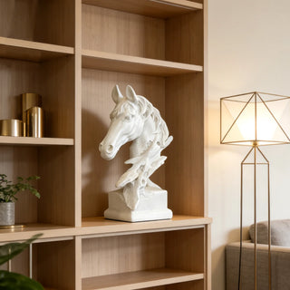 Modern white marble horse head sculpture with abstract equine design for luxury interiors