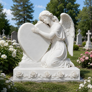 VICTORY marble kneeling angel gravestone, hand-carved cemetery memorial monument