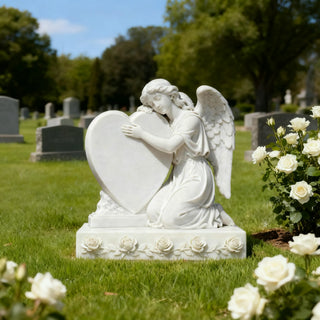 VICTORY marble kneeling angel gravestone, hand-carved cemetery memorial monument