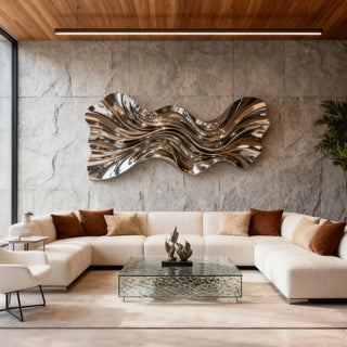 Mirror stainless steel wave wall art sculpture, polished metal curves for modern luxury interior decor.