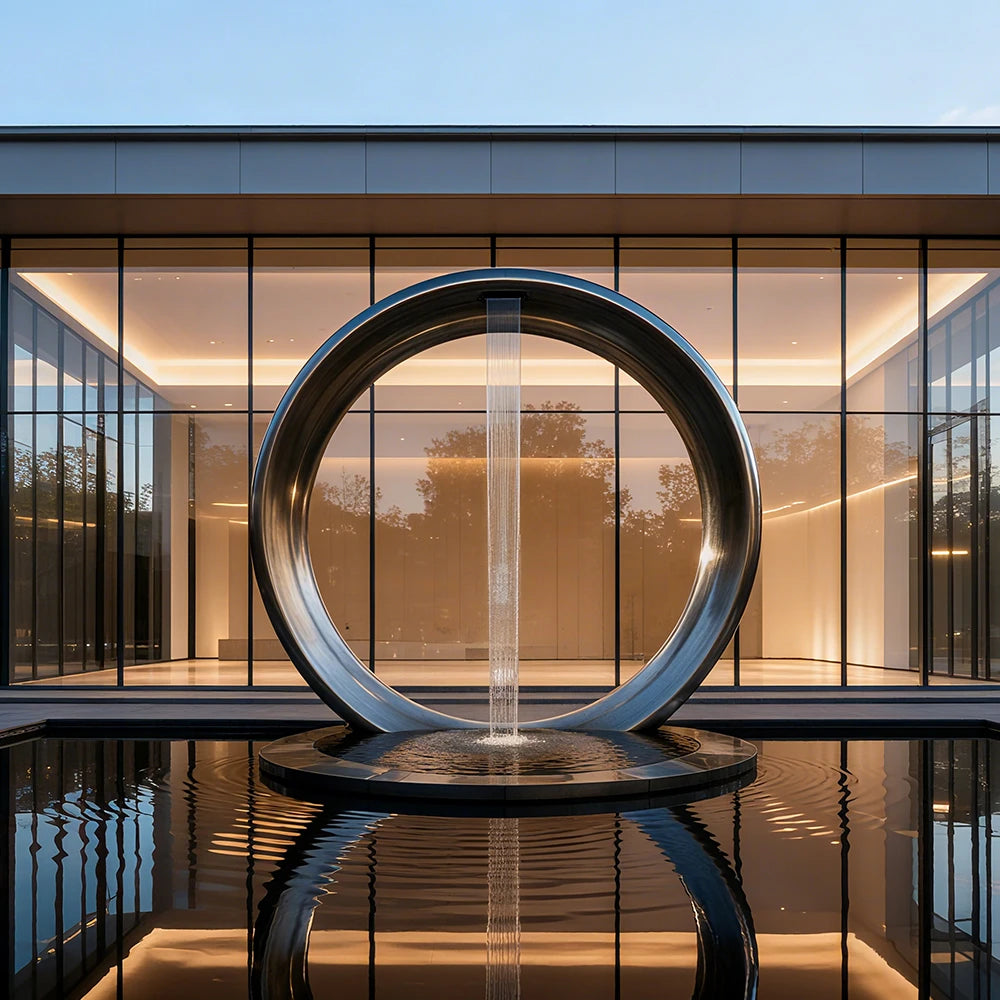 Brushed gray-black electroplated stainless steel circular fountain sculpture for luxury yards 