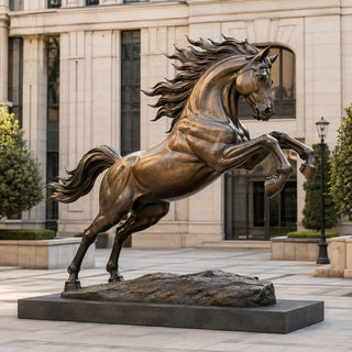 Bronze rearing horse garden sculpture with dynamic movement for luxury residential and outdoor landscapes