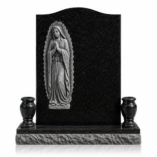 Catholic Guadalupe headstone displayed as an upright religious cemetery monument with polished black stone