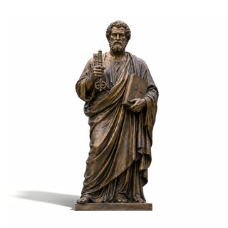 Life-size bronze Saint Peter religious sculpture holding sacred scripture and symbolic keys of the church.