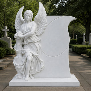 Religious angel gravestone carved from natural marble for Christian cemetery and memorial garden installations.