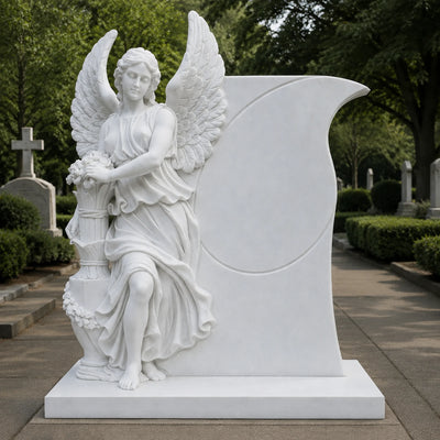 Religious angel gravestone carved from natural marble for Christian cemetery and memorial garden installations.