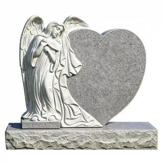 VICTORY Gray granite angel heart headstone monument featuring a hand-carved guardian angel.