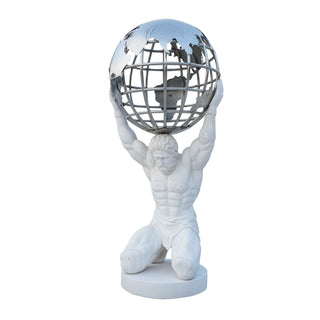 Custom marble Atlas holding globe statue created for architectural, commercial, and public art projects.