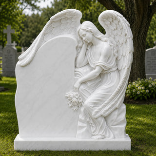 Marble angel headstone featuring a seated mourning angel beside a custom upright cemetery memorial stone
