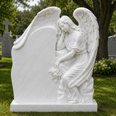 Marble angel headstone featuring a seated mourning angel beside a custom upright cemetery memorial stone
