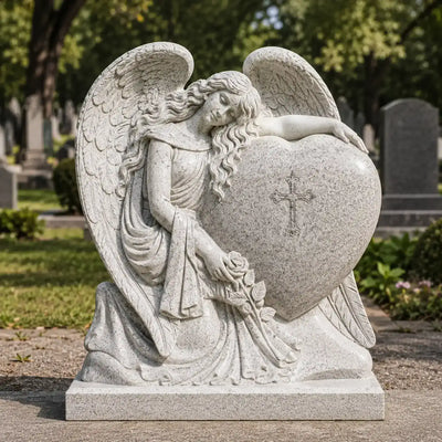 White granite weeping angel headstone with a heart shaped memorial stone and Christian cross for a cemetery grave
