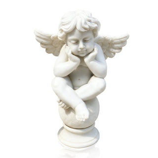 Victory Sculptures VSM-02 White marble cherub statue for garden and outdoor decor