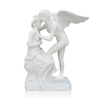 White marble Cupid and Psyche statue depicting classical Roman mythology love scene for garden