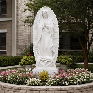 Marble Virgin Mary statue of Our Lady of Guadalupe for church sanctuaries, chapels, monasteries, and prayer gardens.