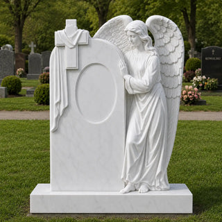 White marble guardian angel headstone with Christian cross and hand carved wings VSM-169