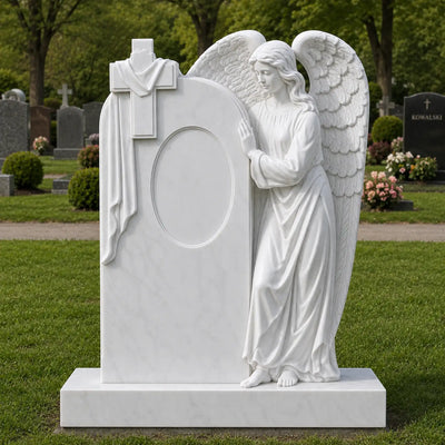 White marble guardian angel headstone with Christian cross and hand carved wings VSM-169