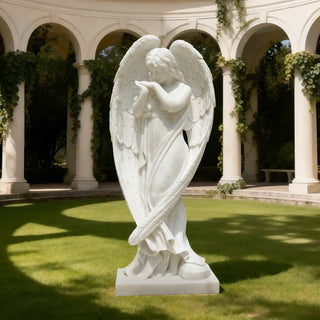 marble guardian angel statue with wings, hand carved religious sculpture for church and memorial garden