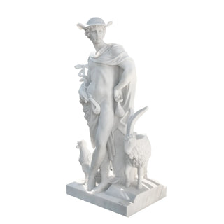 White marble Hermes statue with goat and rooster in classical Greek mythology style for garden