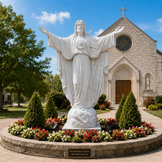 Outdoor marble Sacred Heart of Jesus statue installed in a church landscape with premium white marble finish