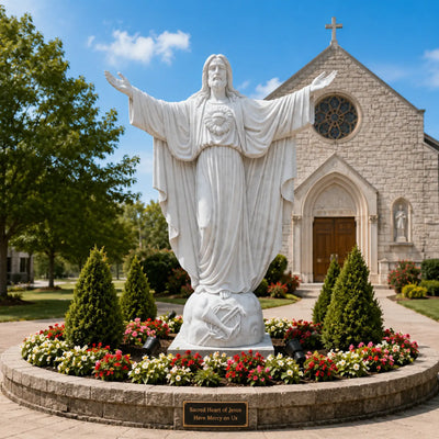 Outdoor marble Sacred Heart of Jesus statue installed in a church landscape with premium white marble finish
