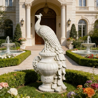 Hand Carved Marble Peacock Sculpture on Classical Urn Luxury Garden Statue for Villa VSM-118