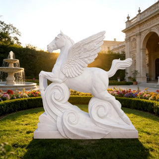 Marble Pegasus statue, mythological flying horse for luxury garden and outdoor estate