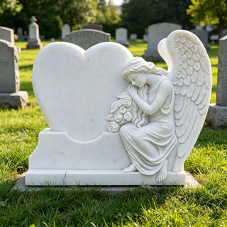 White marble weeping angel heart tombstone for cemetery memorial and grave marker VSM-127