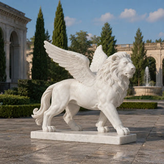 Hand-carved winged lion marble sculpture for luxury garden, courtyard, and estate decor
