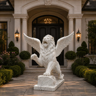 marble winged lion statue detailed carving, handcrafted outdoor marble guardian sculpture
